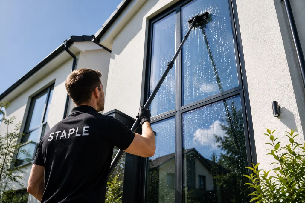 Window cleaner using a pure water pole on an Exeter home