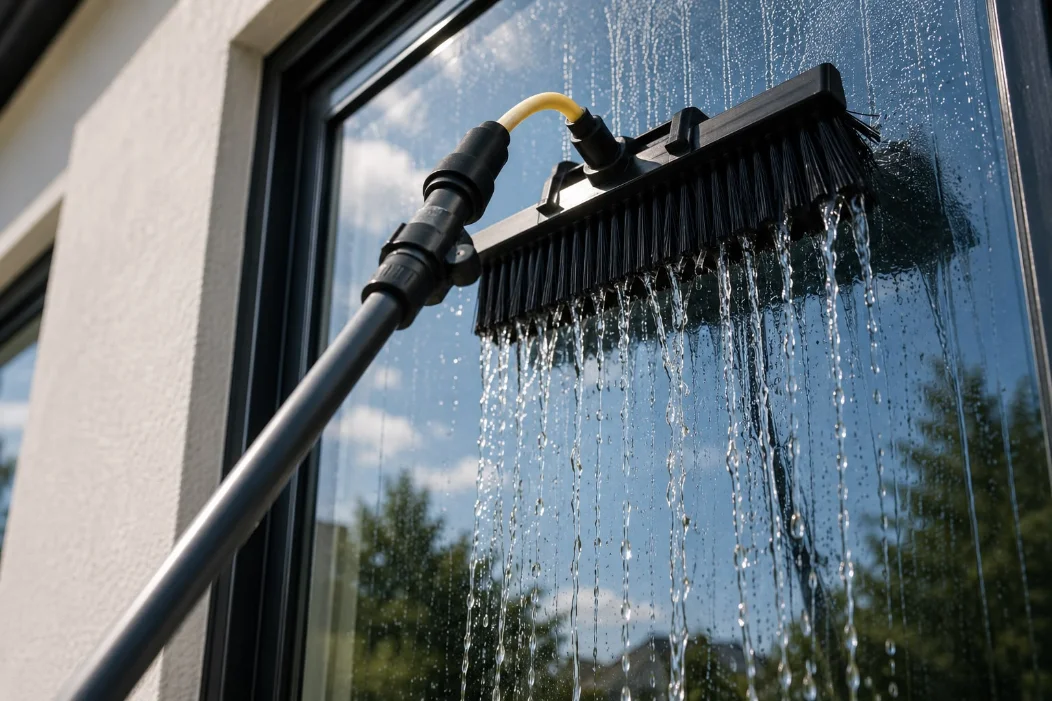 Pure water brush cleaning exterior glass